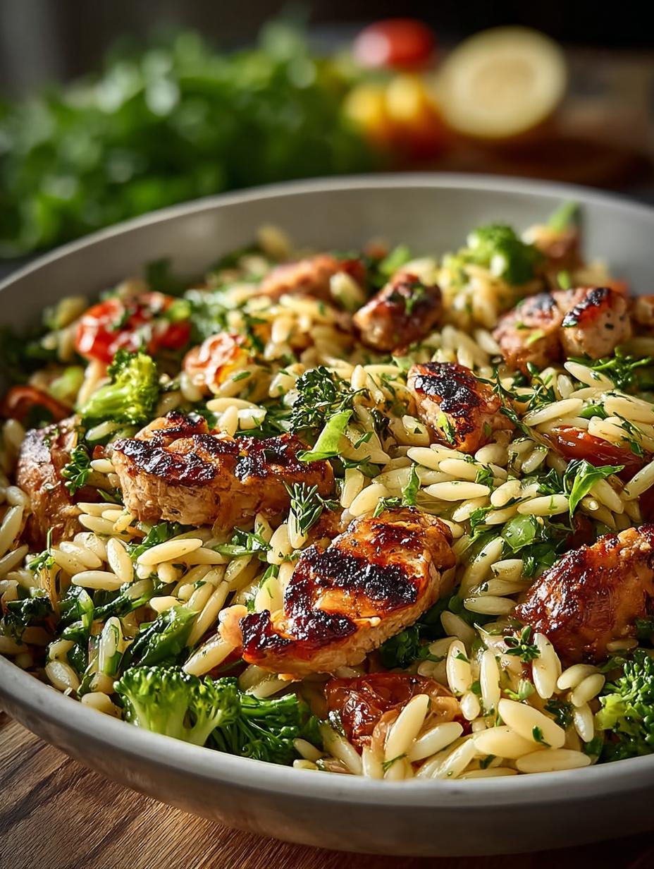 Delicious Chicken Sausage Orzo with Broccoli plated and garnished