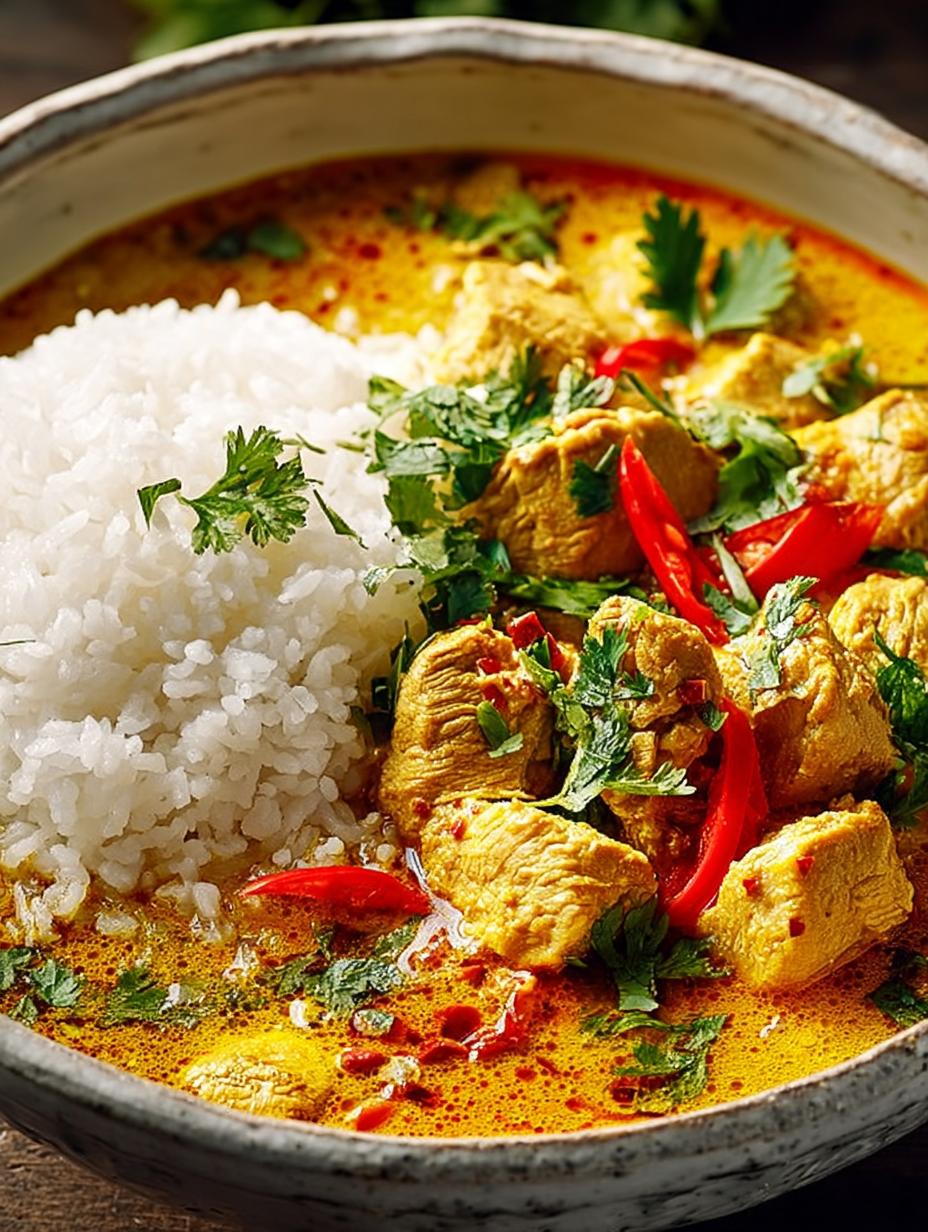 Irresistible Coconut Curry Chicken served with rice and cilantro garnish