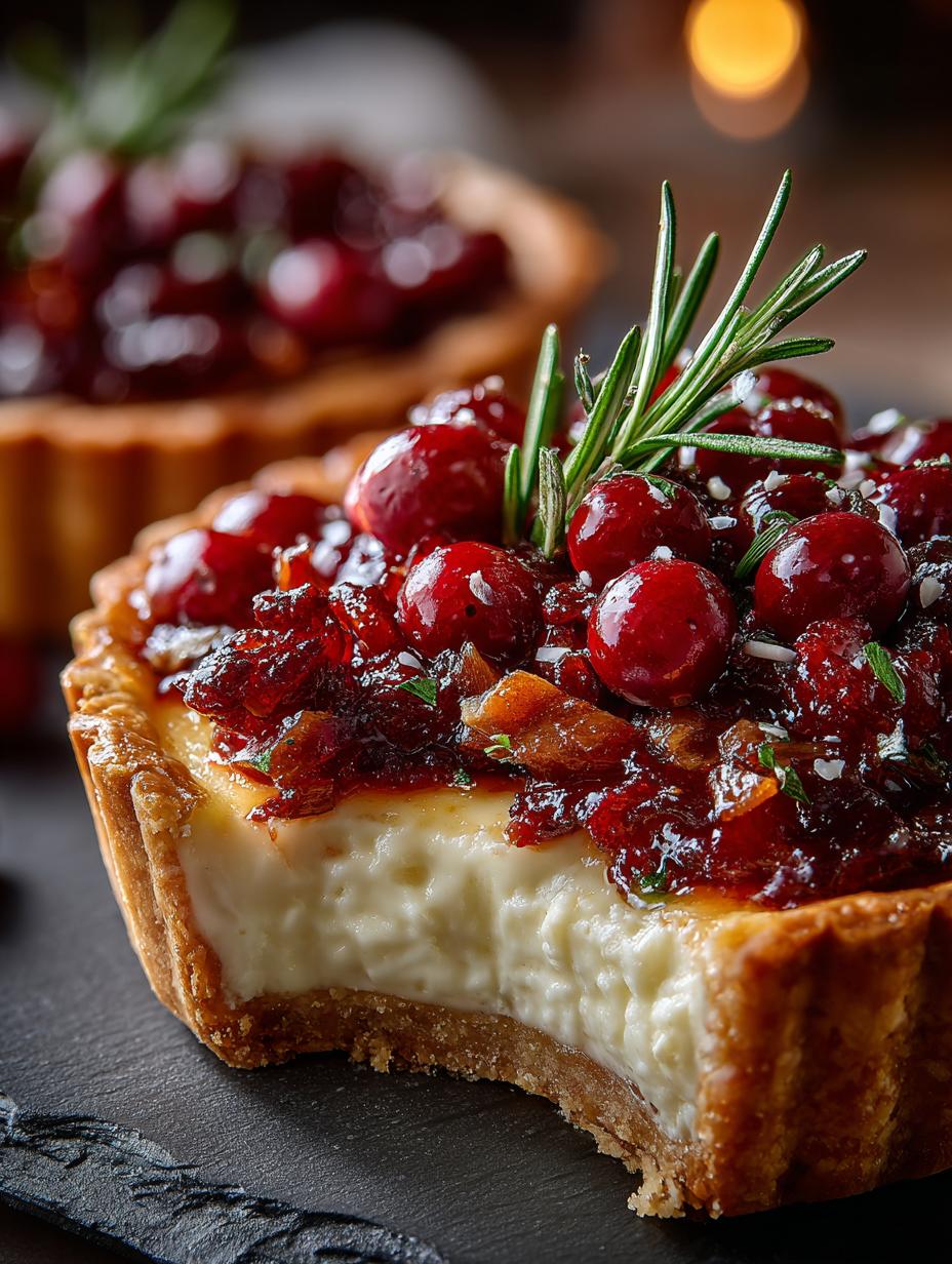Deliciously garnished Cranberry Brie Tart with Pancetta ready to serve