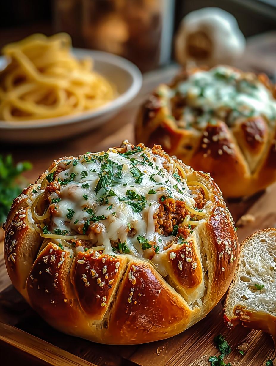 Irresistible Spaghetti Garlic Bread Bowls fresh from the oven, ready to serve