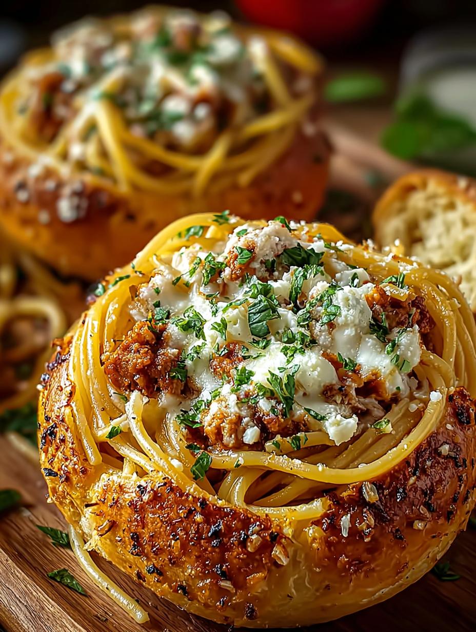 Delicious Spaghetti Garlic Bread Bowls filled with rich sauce and cheese