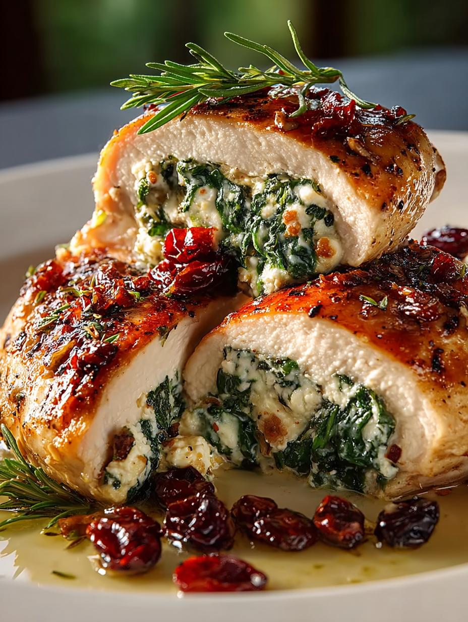 Irresistible Spinach Cranberry Stuffed Chicken fresh from the oven on a serving platter