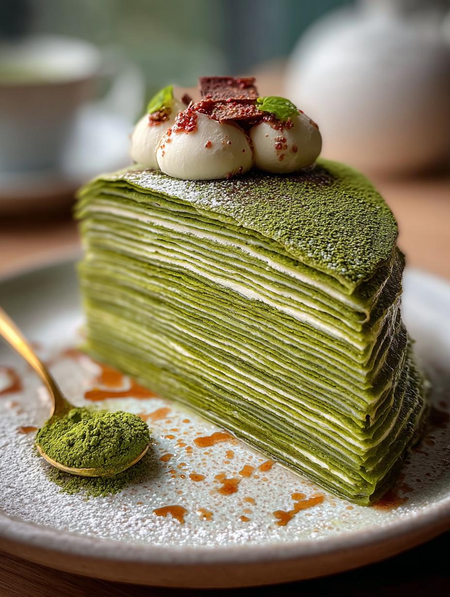 Irresistible Matcha Crepe Cake with layers of green delight